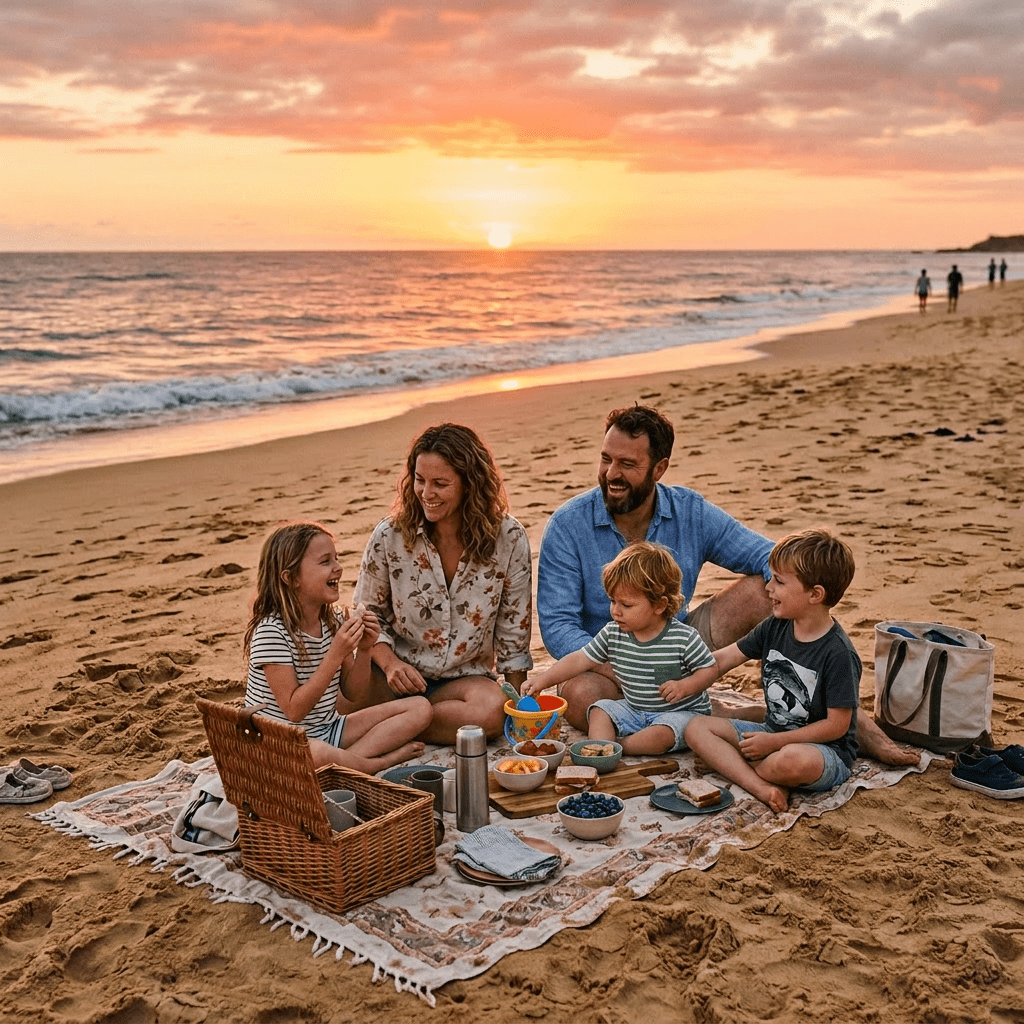 Family sitting on a blanket having a picnic on the beach at sunset