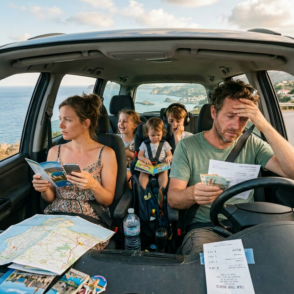 Family in car looking at maps, documents, and phones while traveling near the coast
