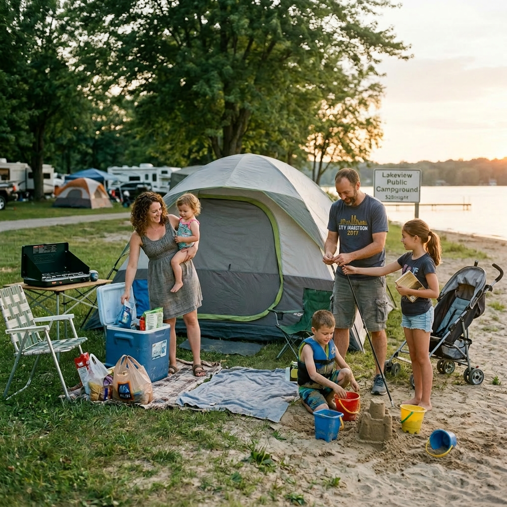 Family camping with tent, cooler, and kids building sandcastles on lakeshore