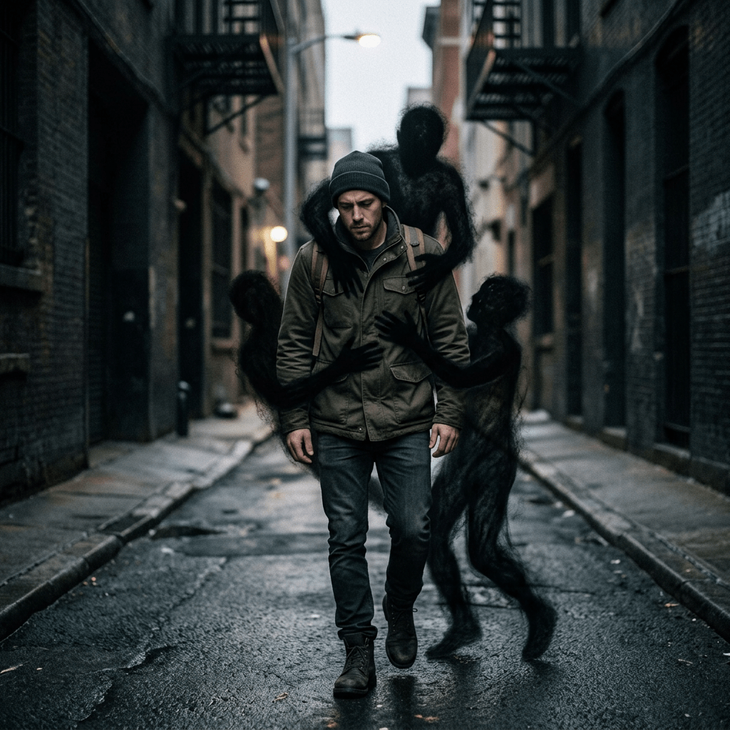 Man in jacket and beanie walking with dark shadowy humanoid figures touching him in an alley