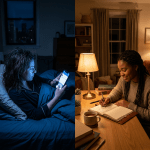 Split image showing person using smartphone in bed with blue light and another person writing in a notebook by warm lamp light