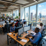 Office workers using computers with large windows showing city skyline