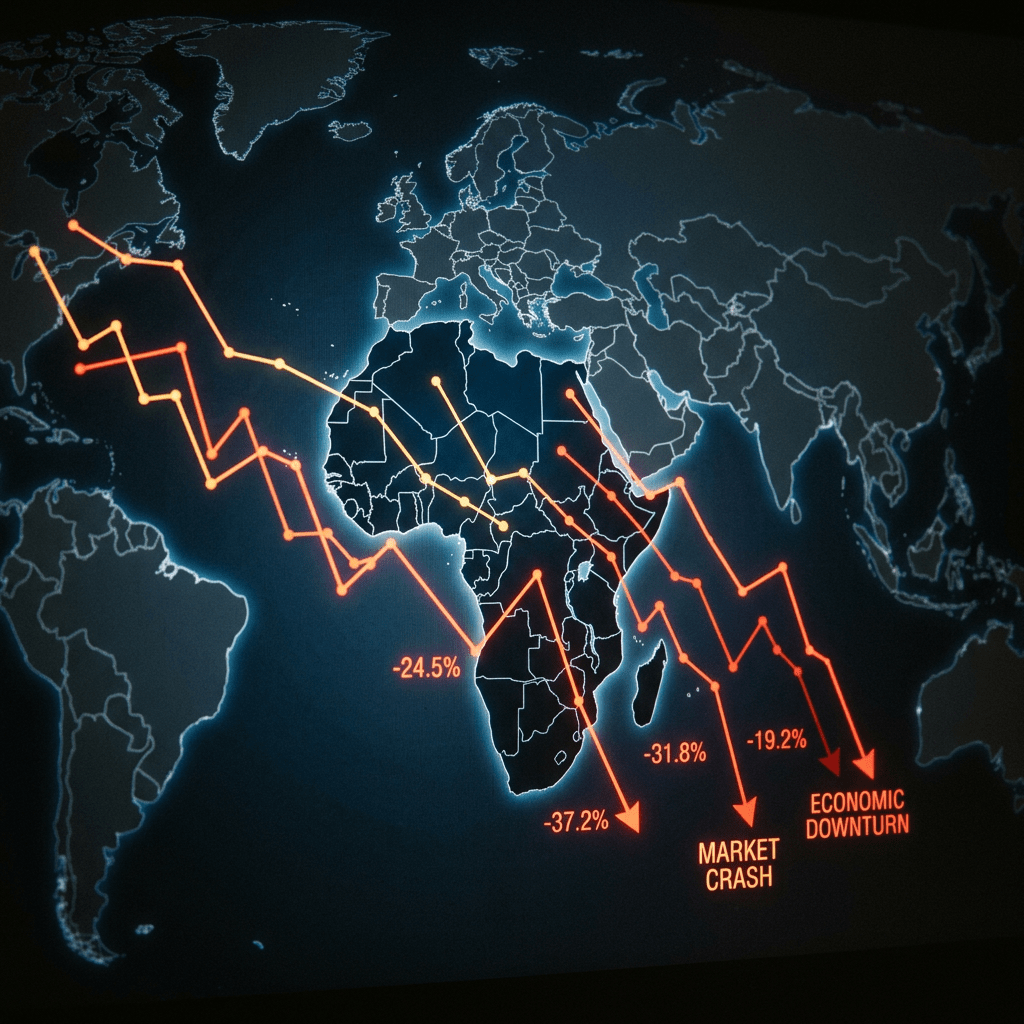 World map showing declining economic trend lines over Africa, Europe, and surrounding oceans with labeled percentages and downturn events