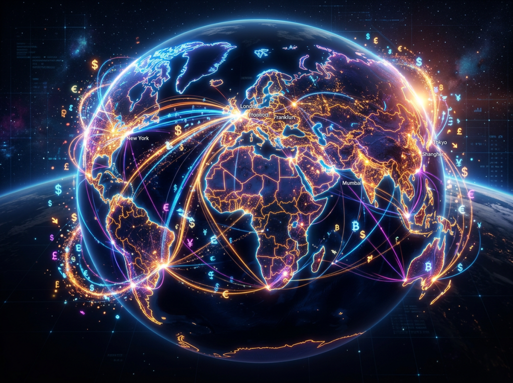Globe with illuminated trade connections and currency symbols linking major cities worldwide