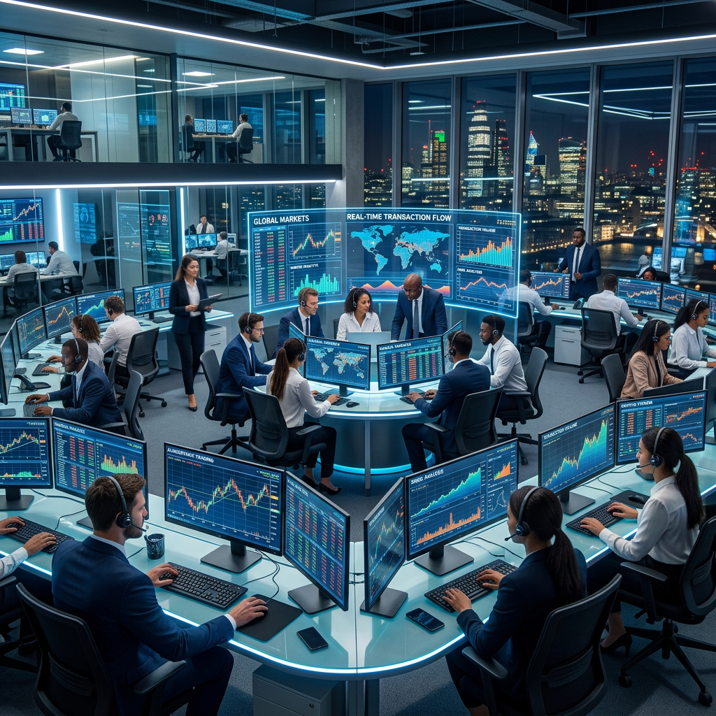 Office trading floor with multiple workers monitoring financial data on numerous screens