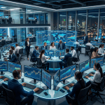 Office trading floor with multiple workers monitoring financial data on numerous screens
