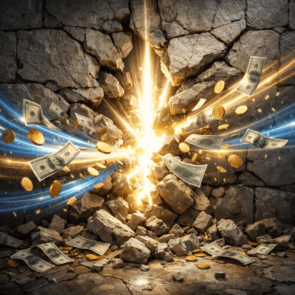 Dollar bills and gold coins flying through a cracked concrete wall with bright glowing light and energy streaks