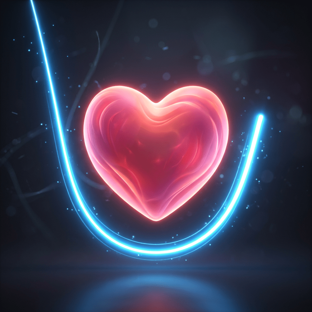 Glowing pink heart with a neon blue curved light line in dark background