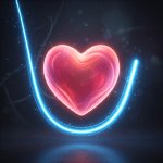 Glowing pink heart with a neon blue curved light line in dark background