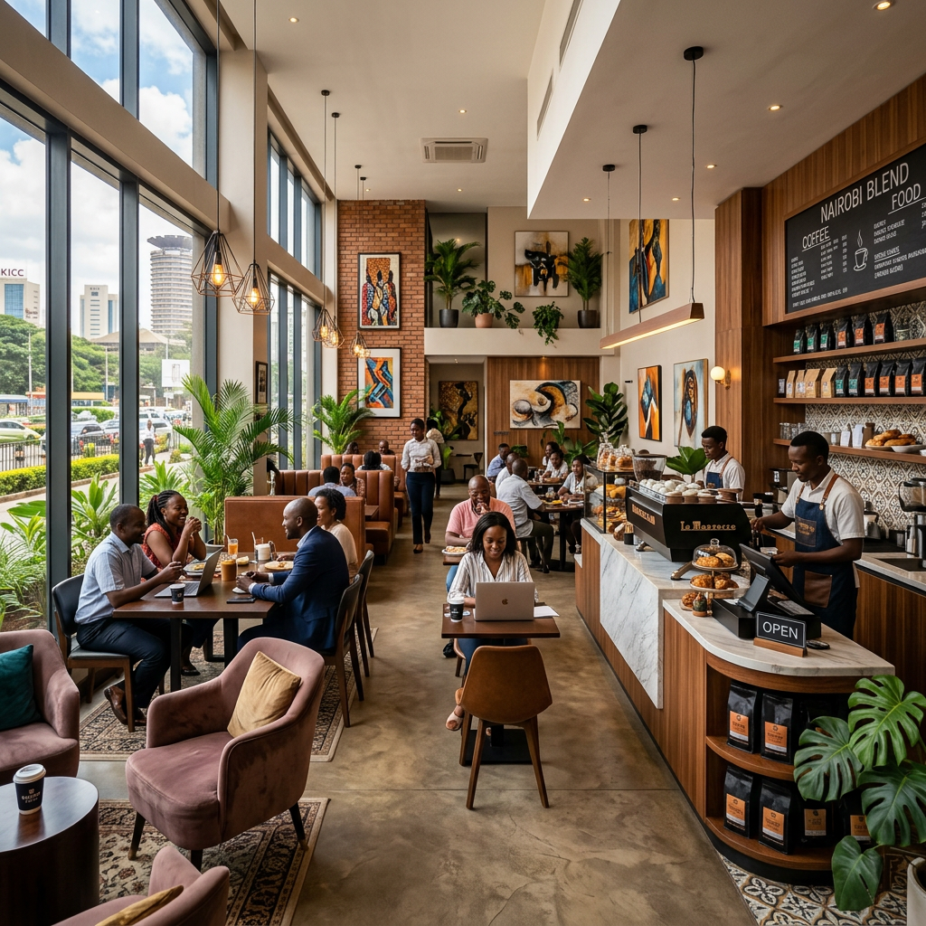 Busy Nairobi café with customers sitting, working, and baristas preparing coffee