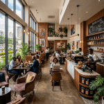 Busy Nairobi café with customers sitting, working, and baristas preparing coffee