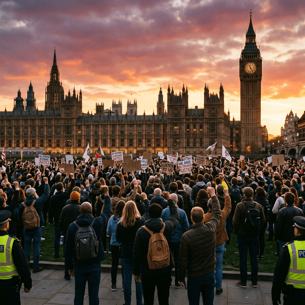 Crowd protesting in front of the UK Parliament with raised fists and signs at sunset
