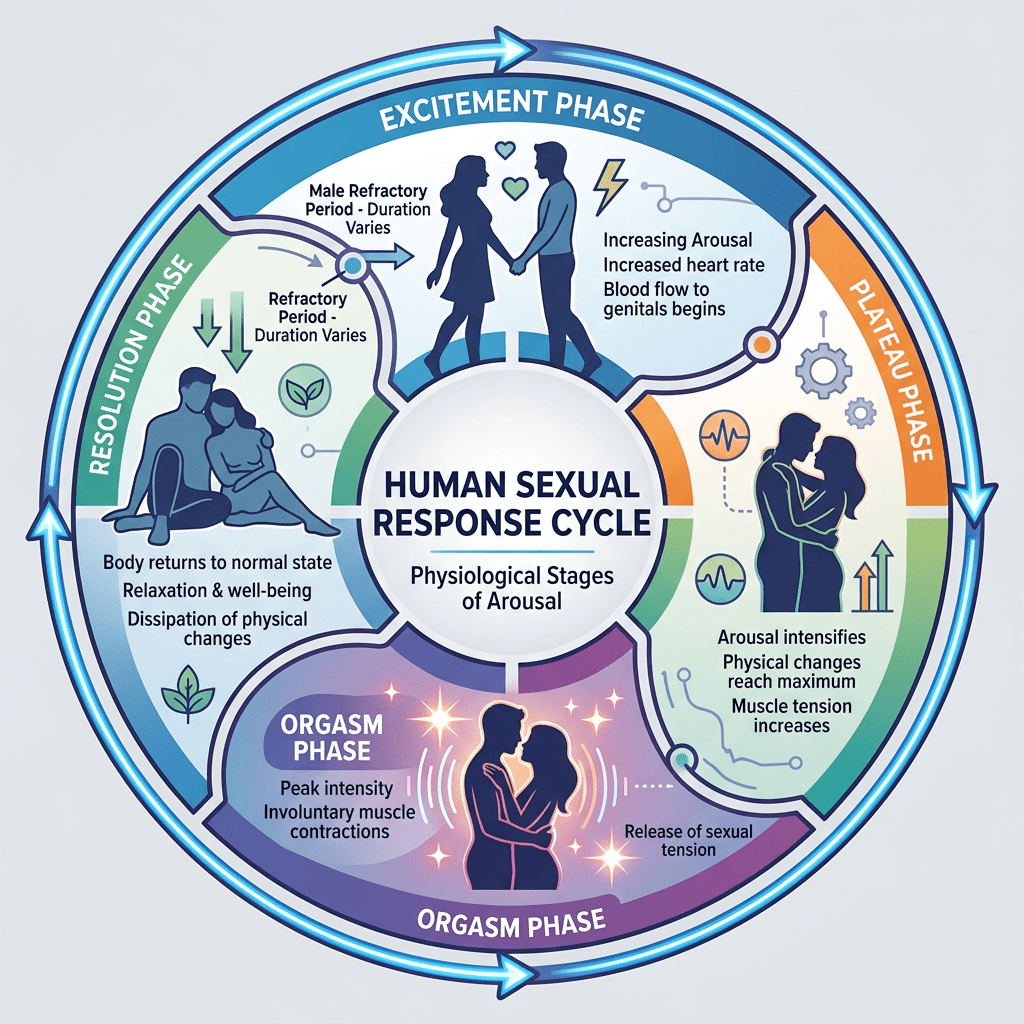 Circular diagram showing four phases of human sexual response cycle with descriptions and silhouettes.