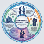 Circular diagram showing four phases of human sexual response cycle with descriptions and silhouettes.