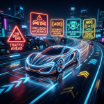 Futuristic smart car with icons for collision avoidance, emergency braking, lane keeping, and adaptive cruise control