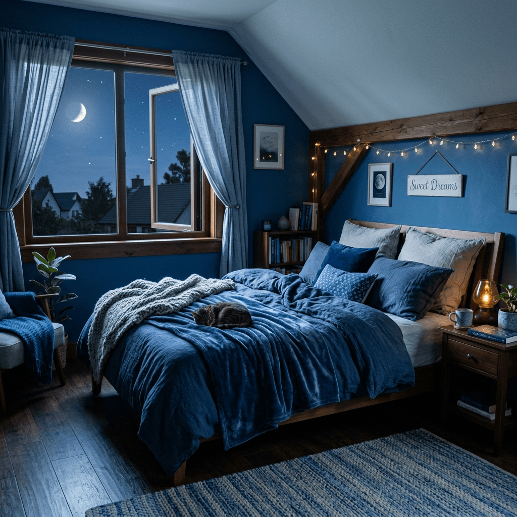 Bedroom with blue walls and bedding, a sleeping cat on the bed, open window showing night sky with crescent moon