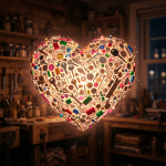 Heart shape filled with assorted keys, buttons, Lego pieces, coins, and other small everyday items glowing warmly