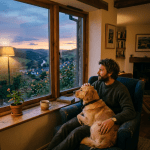 Man sitting in armchair with dog on lap looking out window at sunset