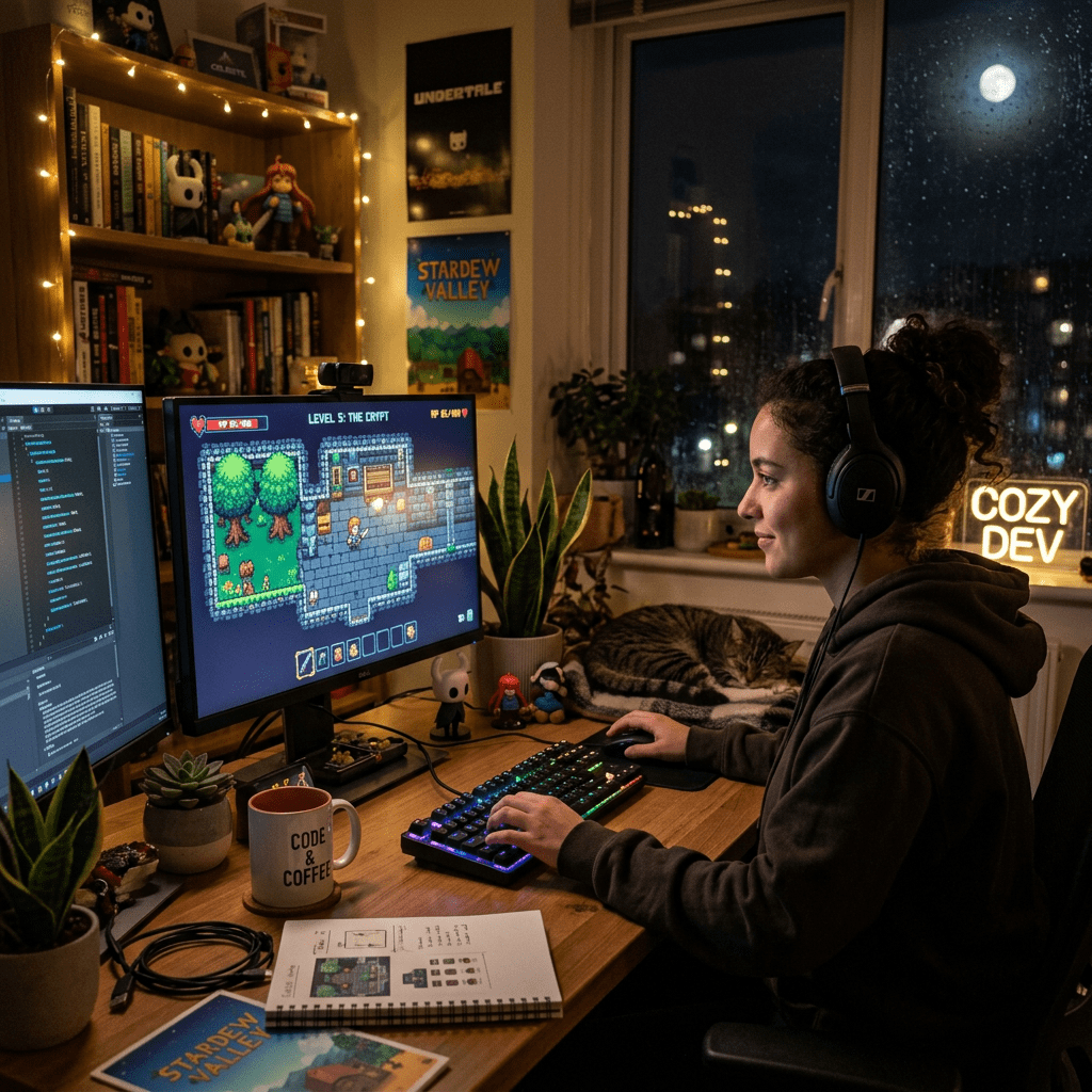 Person wearing headphones working on pixel art game development at a computer desk at night