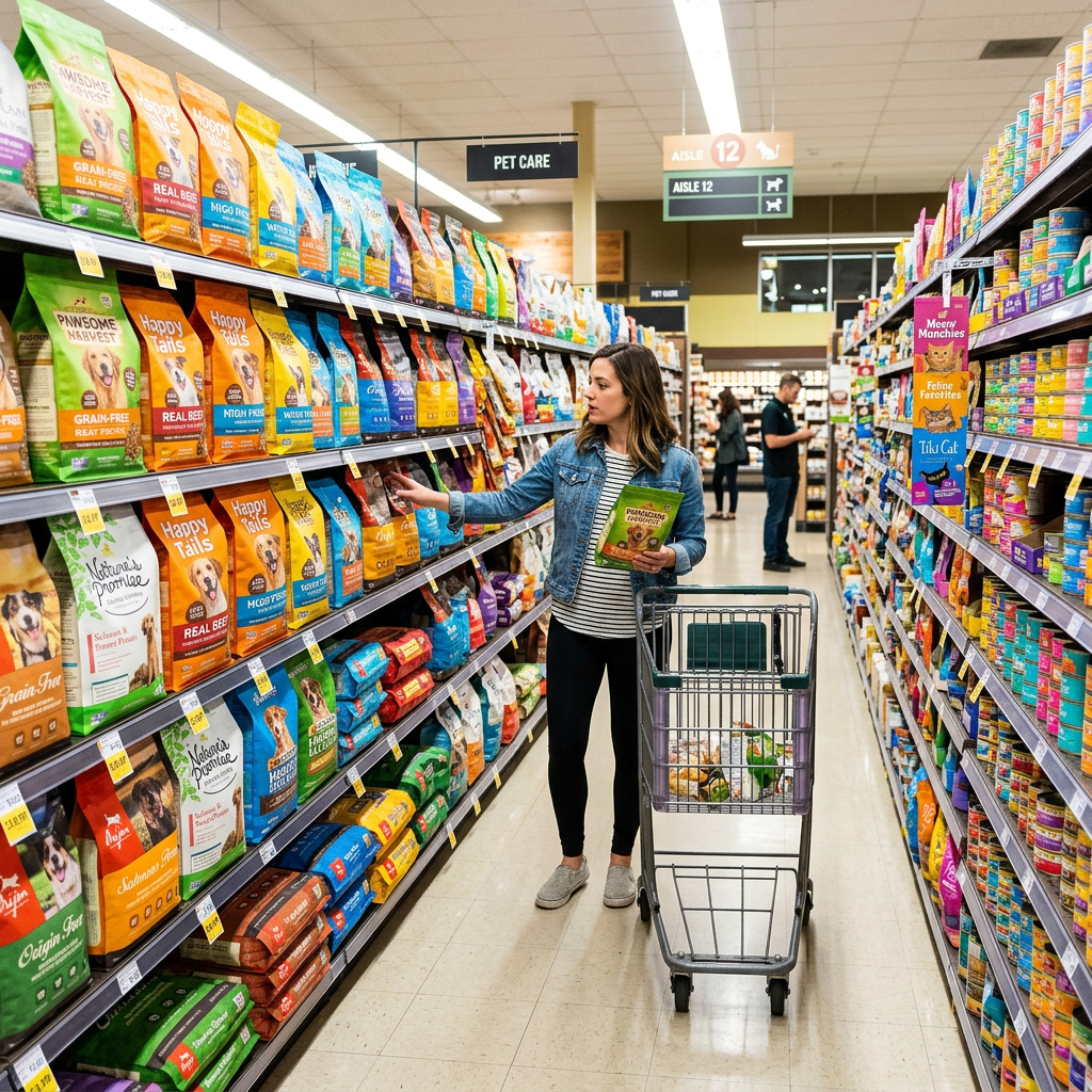 Woman in pet care aisle choosing dog food bag with shopping cart