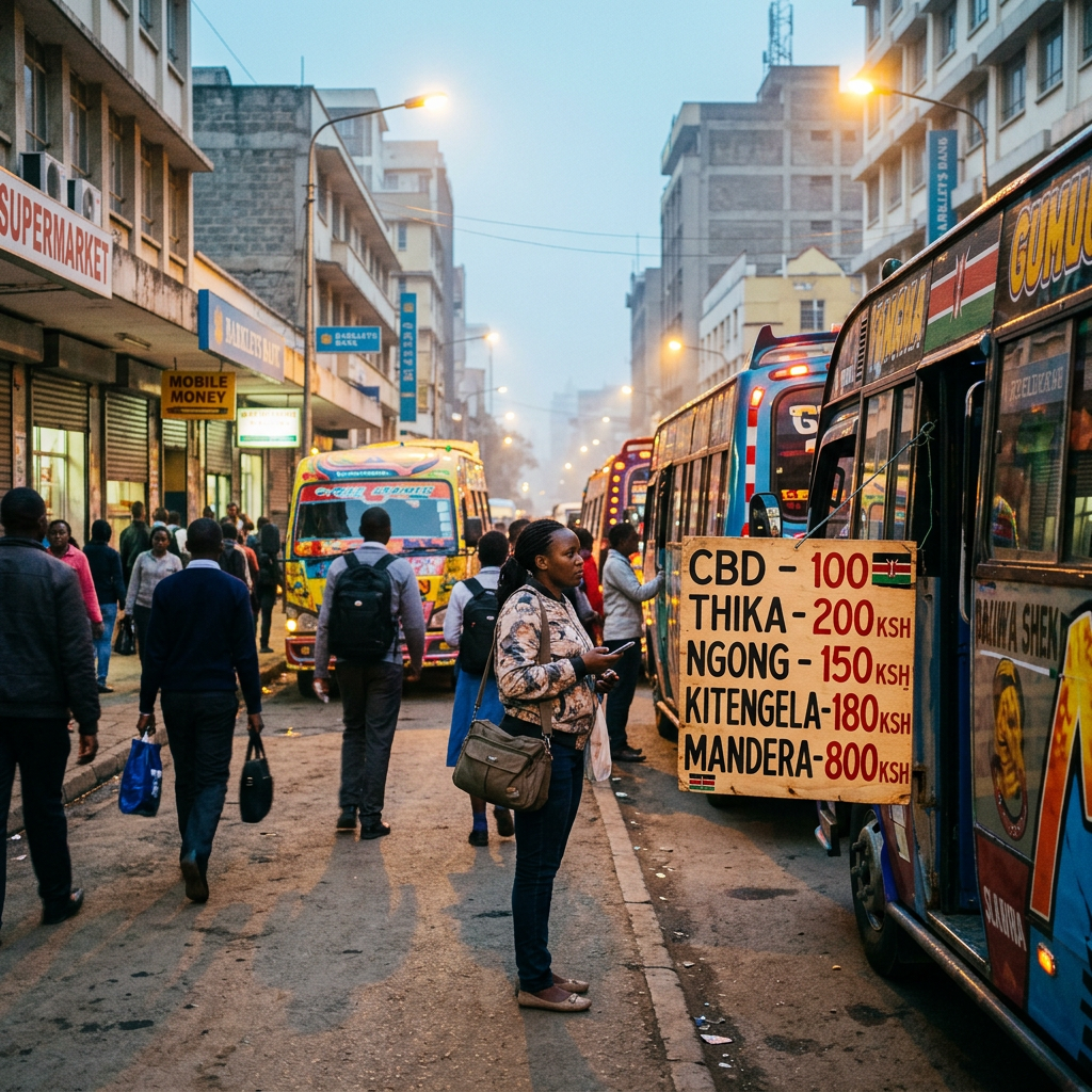 People boarding colorful matatus with fare sign listing destinations and prices in Kenyan shillings