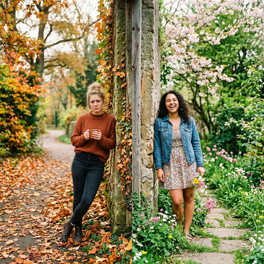 Two women smiling and leaning against opposite sides of a stone pillar in contrasting autumn and spring settings