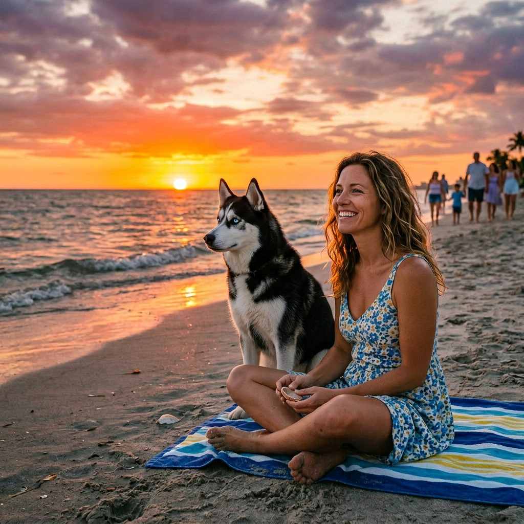 Smiling girl in floral dress sitting cross-legged on a striped towel on sandy beach at sunset