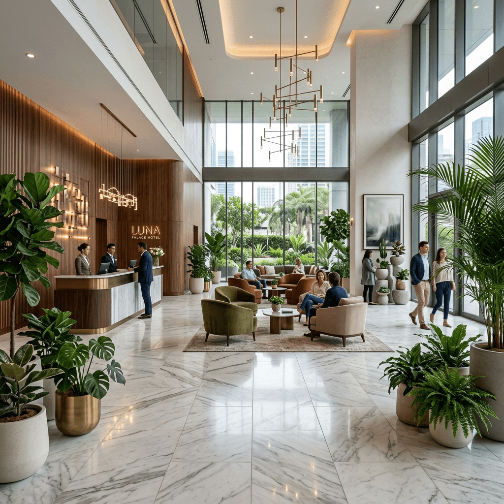 Spacious hotel lobby with marble floor, seating, plants, and front desk