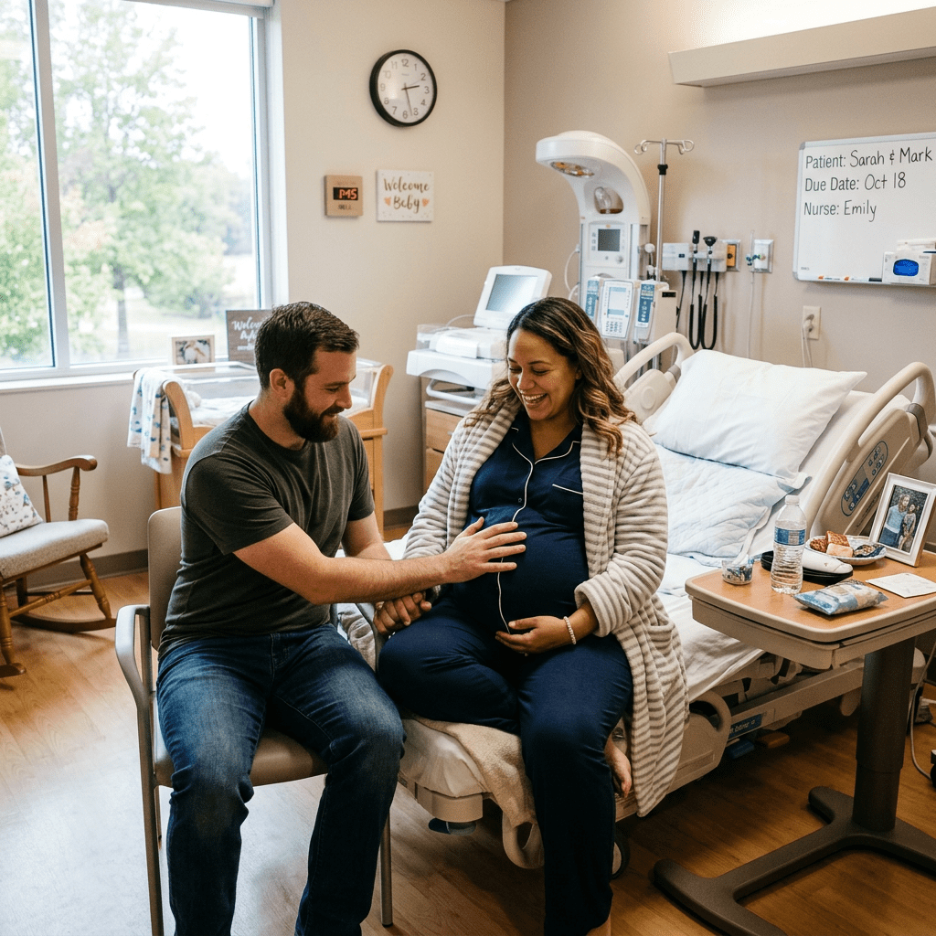 Pregnant woman sitting on hospital bed smiling while man touches her belly