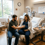 Pregnant woman sitting on hospital bed smiling while man touches her belly
