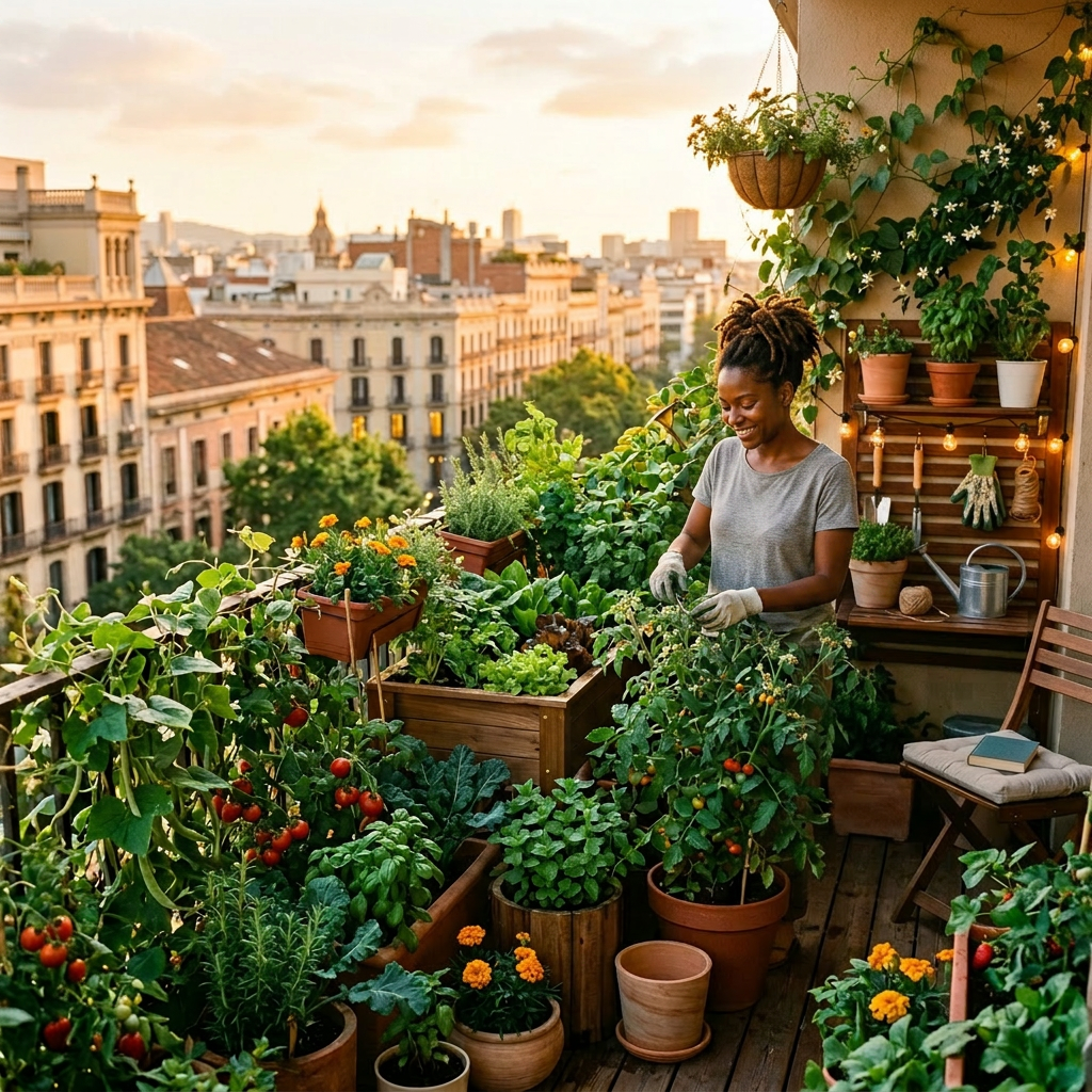 Woman gardening on a city balcony surrounded by various plants and flowers