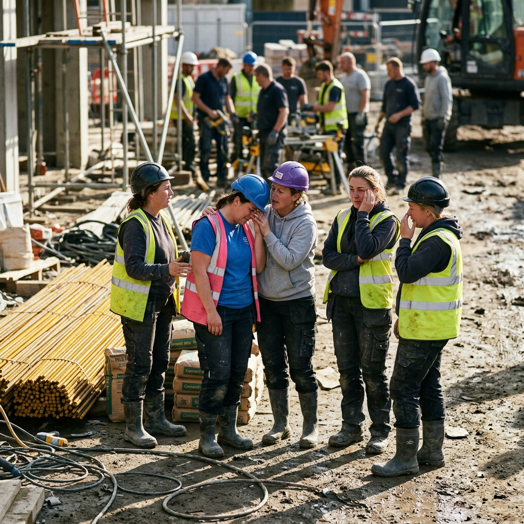 Group of female construction workers comforting a crying coworker at a construction site