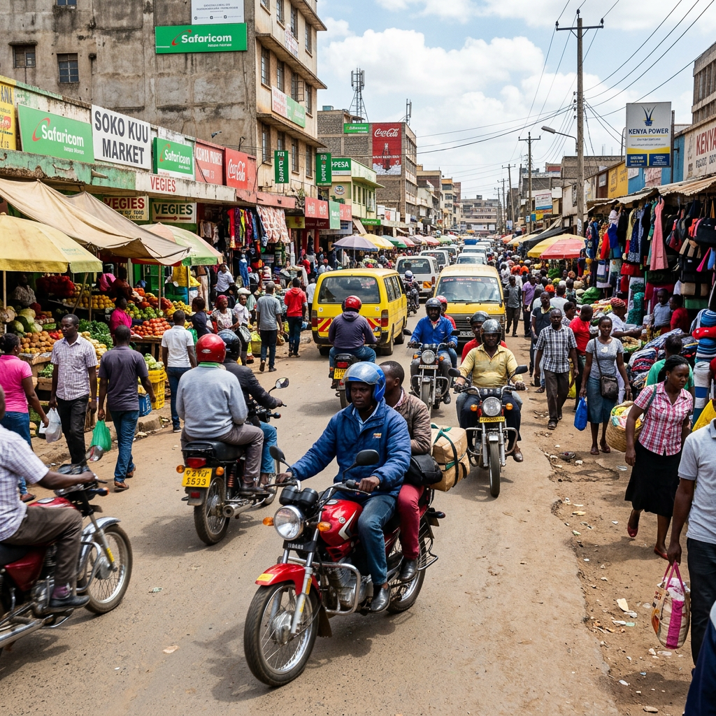 Crowded street market with motorbikes, pedestrians, yellow minibuses, and numerous shops in Kenya