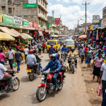 Crowded street market with motorbikes, pedestrians, yellow minibuses, and numerous shops in Kenya