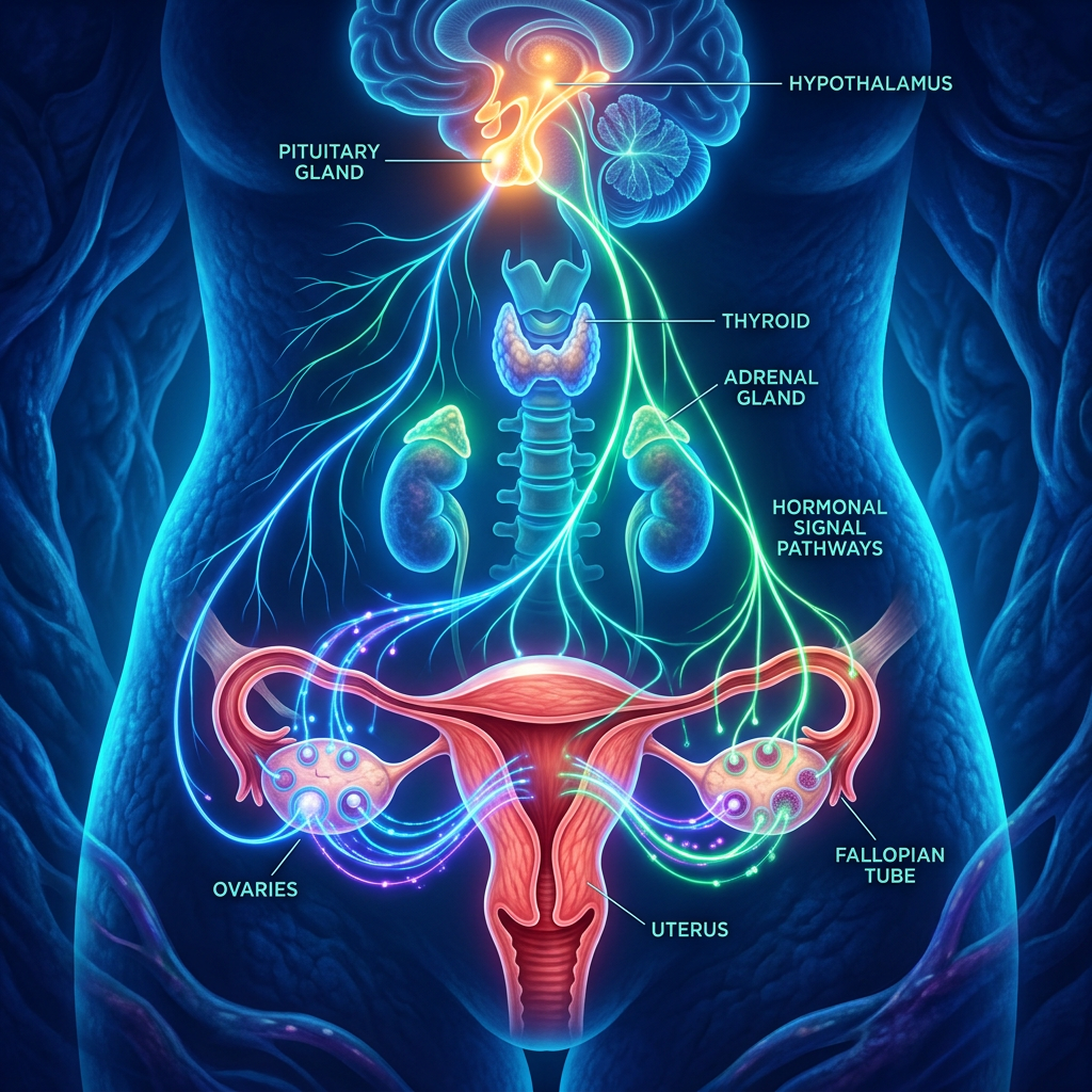 Diagram of female reproductive system with brain highlighting hormonal signal pathways