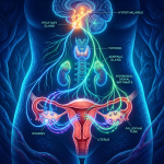 Diagram of female reproductive system with brain highlighting hormonal signal pathways