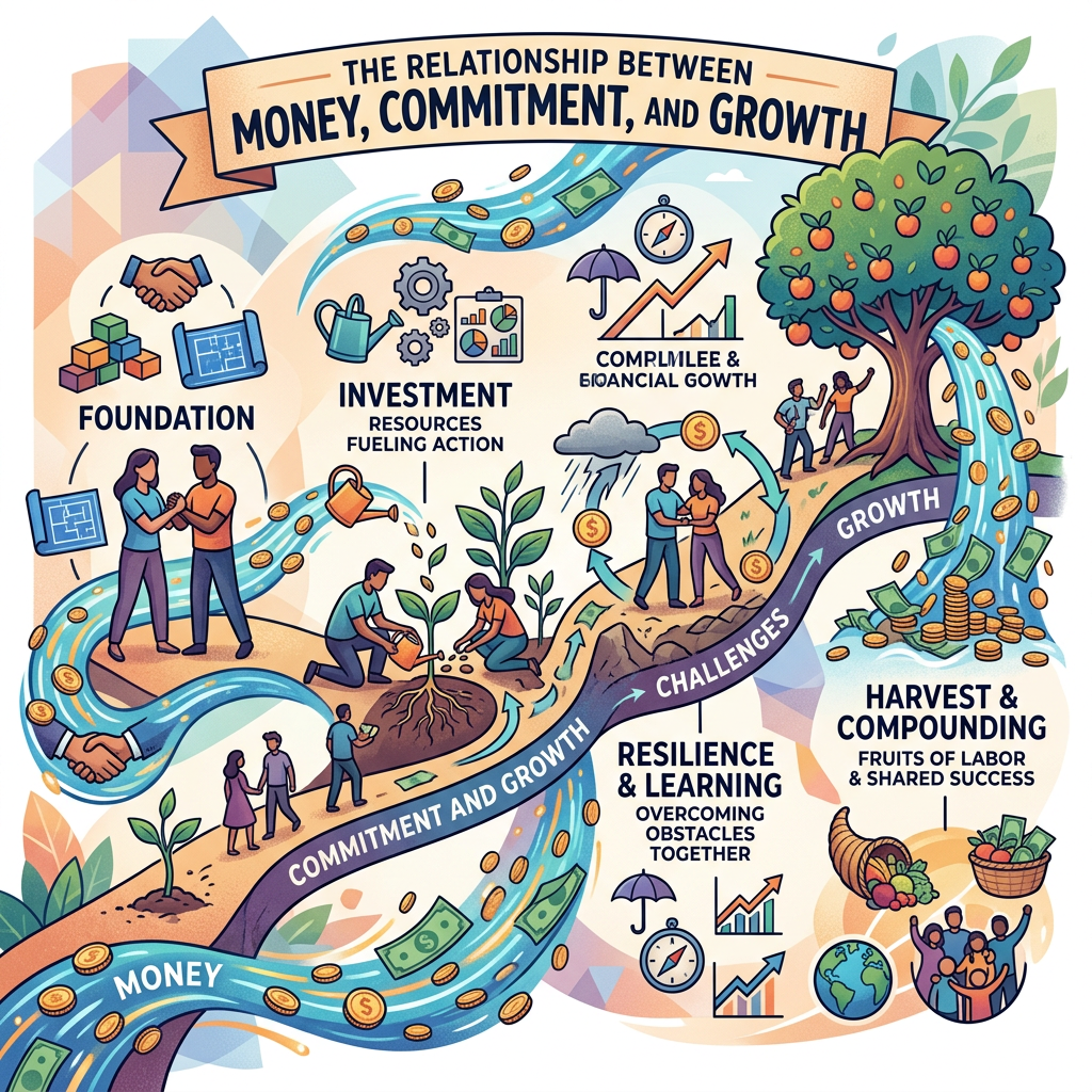 Diagram depicting foundation, investment, resilience, and harvest phases linking money and growth