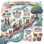 Diagram depicting foundation, investment, resilience, and harvest phases linking money and growth