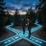Two women in warm jackets at a fork in a forest path with glowing augmented reality trail options