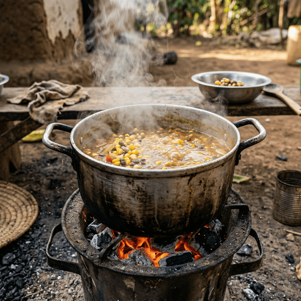 Large metal pot with steaming stew of corn and beans on charcoal fire outdoors