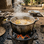 Large metal pot with steaming stew of corn and beans on charcoal fire outdoors