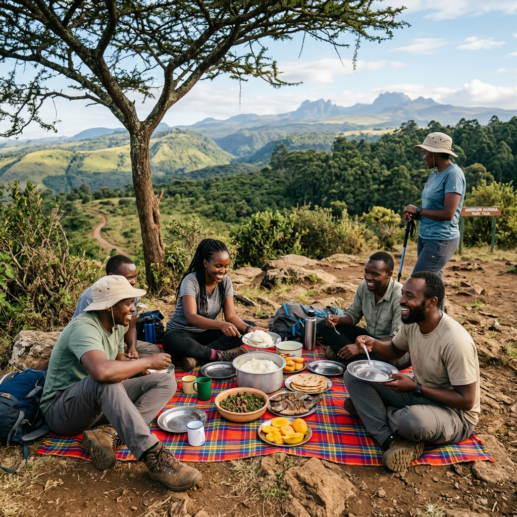 Group of five people having a picnic on a blanket with food in a mountainous outdoor setting