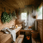Wooden sauna interior with steam, hanging dried herbs, candle, and sauna stove with copper ladle