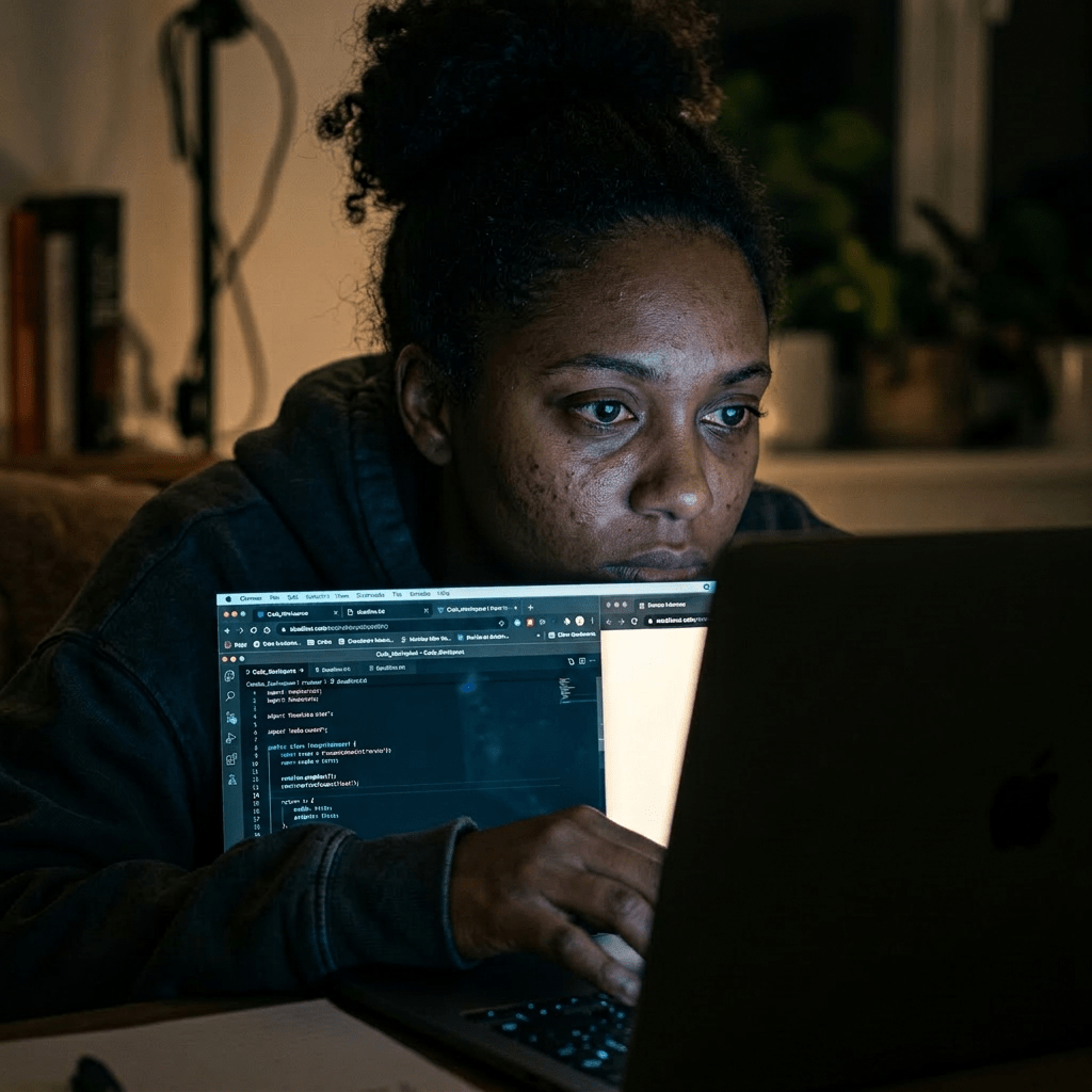 Woman focused on laptop screen with coding software open