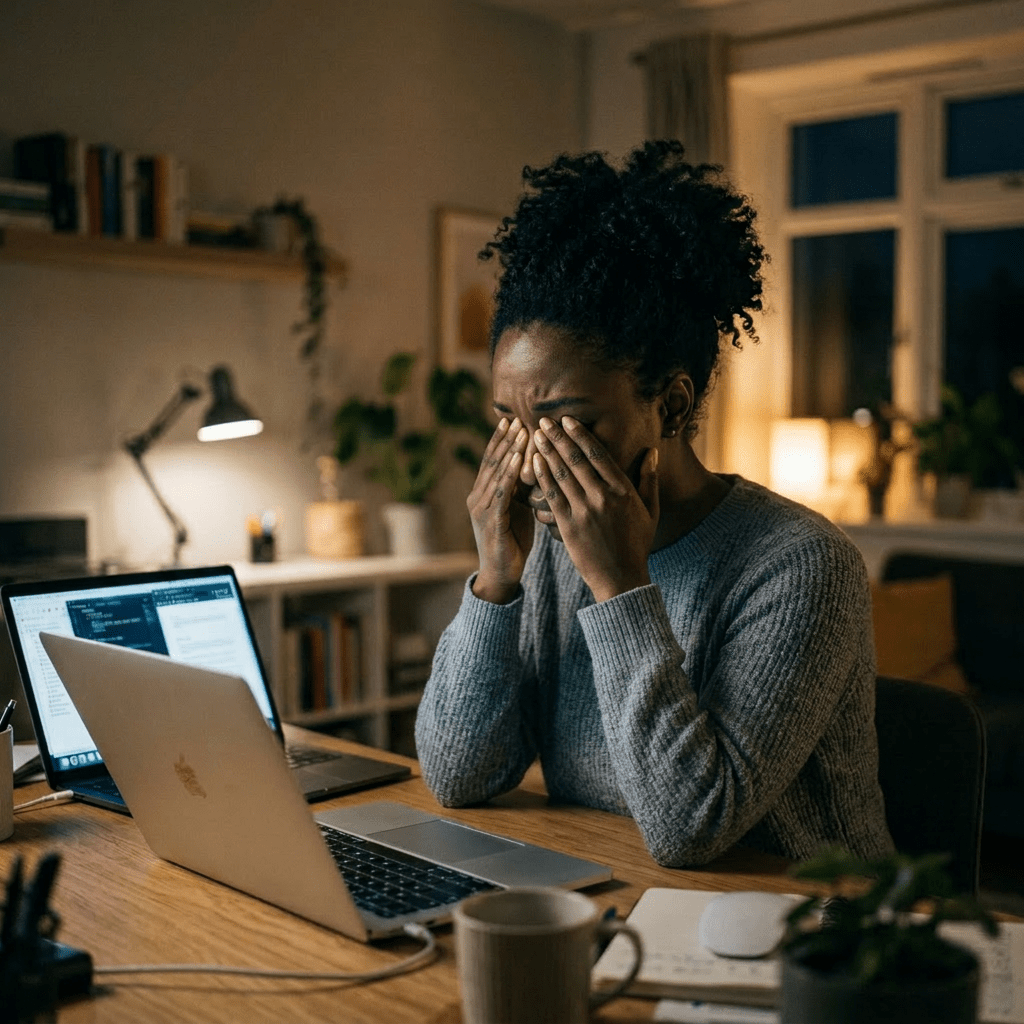 Woman sitting at desk rubbing eyes, looking stressed, with two laptops open