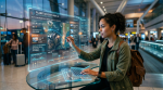 A woman using a futuristic transparent touchscreen interface to plan a trip to Patagonia with flight details, accommodation, activities, weather forecast, and travel timeline