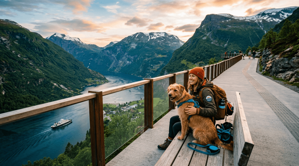 A woman sitting on a bench with her dog overlooking a fjord with mountains and a boat