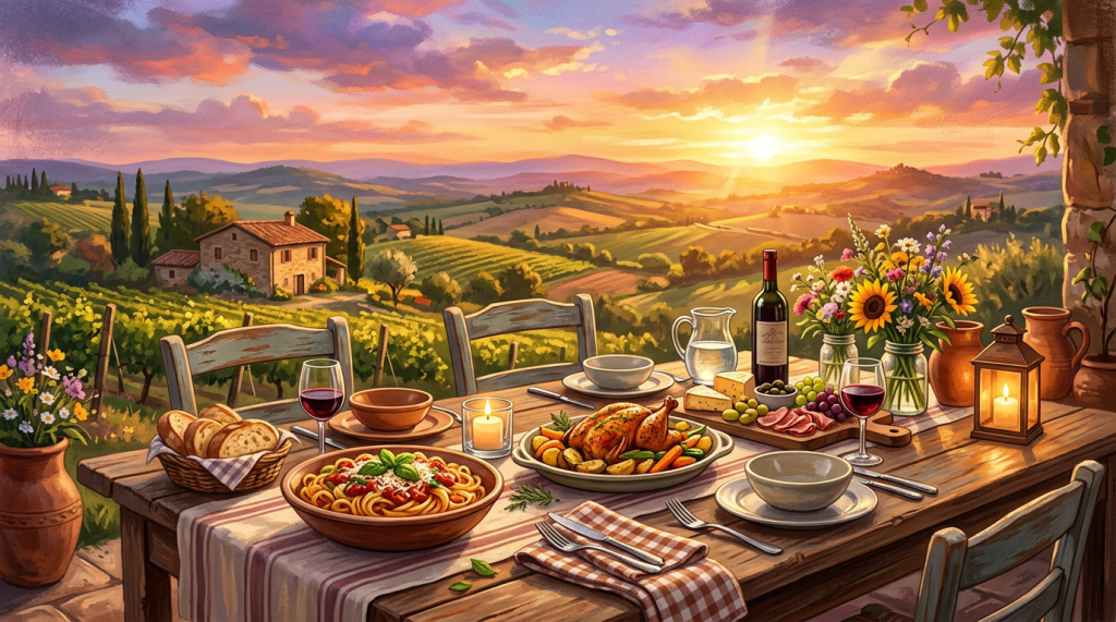 Outdoor dinner table with pasta, roast chicken, wine, flowers, and sunset over Tuscan hills