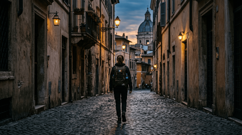 Person walking on a cobblestone street flanked by historic buildings with warm street lamps at dusk
