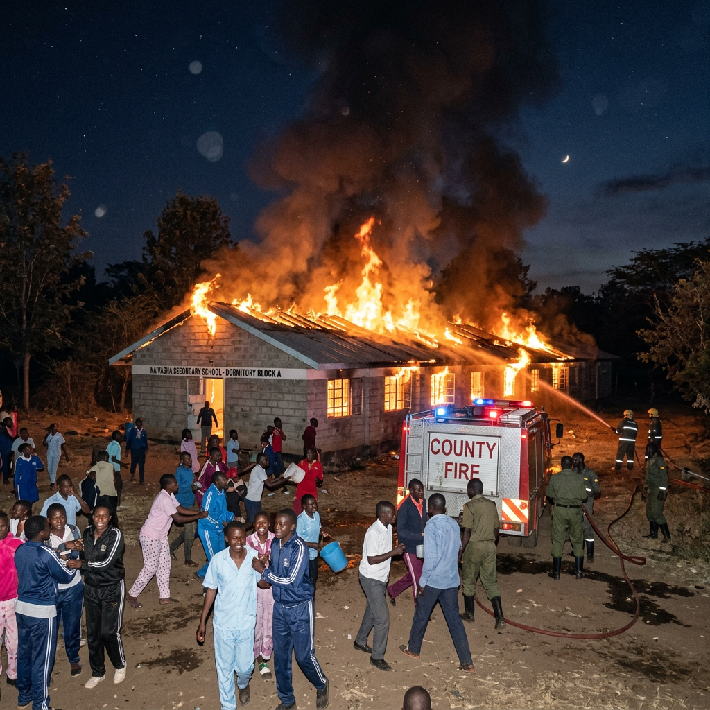 Fire engulfing Naivasha Segeonary School dormitory with firefighters and students nearby